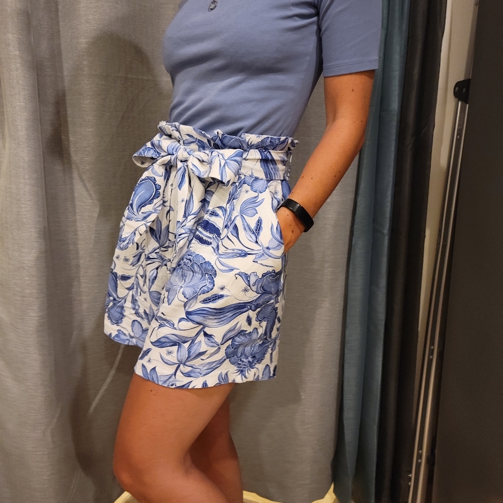 H&M Linen Blend Floral Paper Bag Waist Shorts
